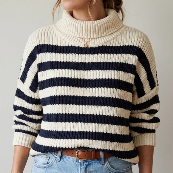 Emerson Fry Sweaters - EMERSON FRY Carolyn Funnel Neck Sweater Navy French Stripe Organic